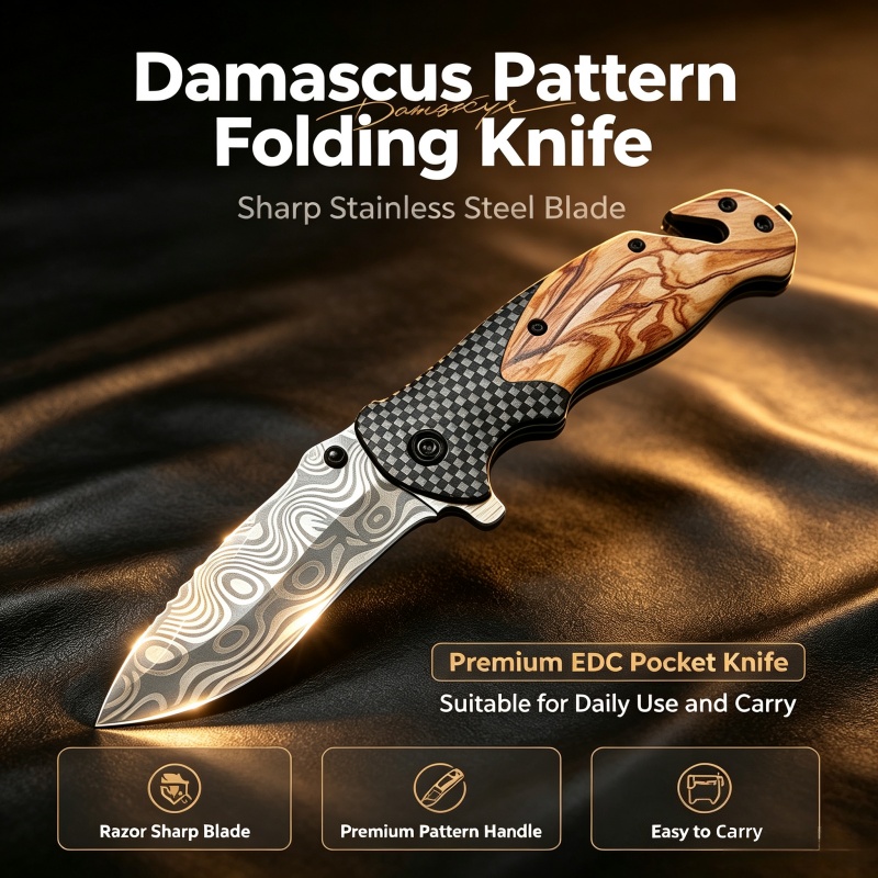 Damascus Pattern Folding Knife - Edc Daily Carry 评论和价格